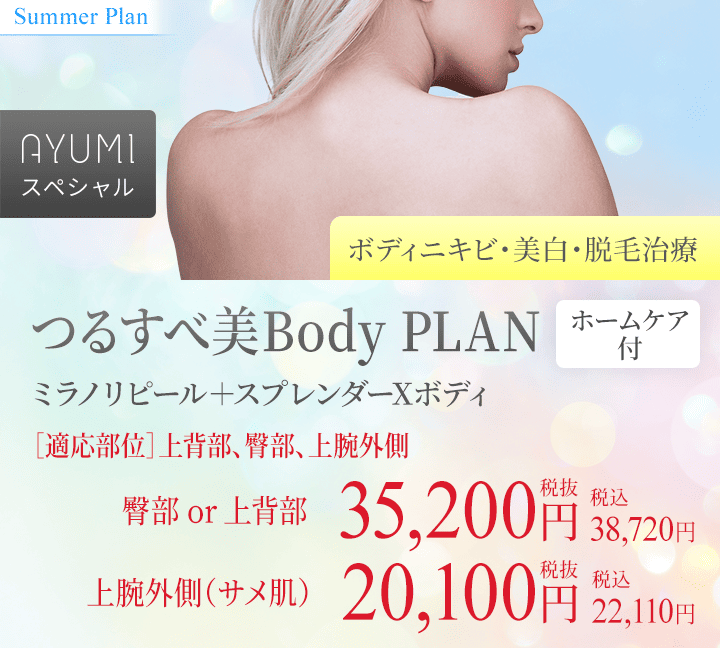 つるすべ美Body PLAN/ミラノリピール+スプレンダーXボディ+ホームケアピーリング剤(レチノイン酸)(ボディニキビ・美白・脱毛治療)